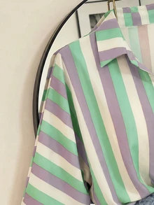 SHEIN Franclia 女款條紋短袖單排扣休閒通勤襯衫 - 綠色 - 查看 4