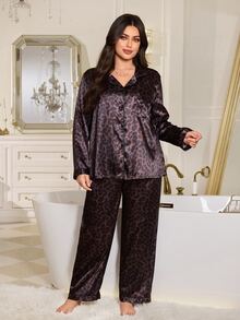 MuseNap CURVE Plus Size Leopard Print Faux Silk Open Front Lapel Long Sleeve Pajama Set With Pants - Brown - View 5