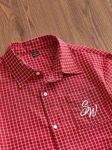 SWAVVY 酒紅色小格紋刺繡男士長袖襯衫 - 酒紅色 - 查看 2