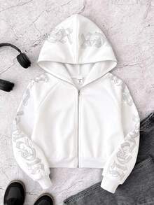 SHEIN 青少年女孩哥德風文字水鑽鉚釘短版拉鍊連帽衛衣，秋冬長袖上衣，畢業穿搭，返校穿搭 - 白色 - 查看 7