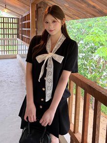 Bijouette Plus Size Lace Bow Knit Top, Puff Sleeve Single-Breasted Cropped Fitted Short Sleeve Cardigan With Bow Decor - Black and White - View 6