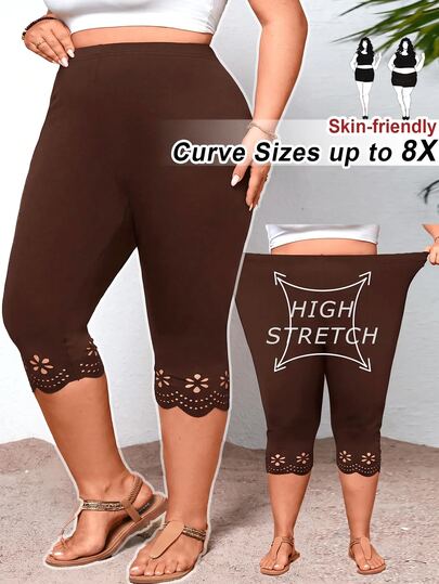 SHEIN CURVE+ Plus Size Women's Black Hollow Out Tight-Fitting Leggings