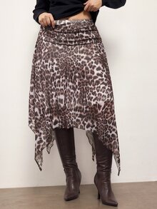 Maija Rok Plus Size Motif Leopard dengan Hem Asimetris untuk Musim Gugur, Cocok untuk Pesta, Ulang Tahun, Acara Malam, Warna Beige, Seksi, Bisnis, Kasual. - MultiWarna - View 2