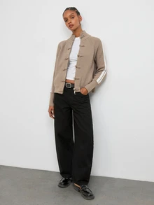 Maija Beige New Chinese Style Frog Button Striped Sporty Knit Cardigan Urban Autumn - Khaki - View 6