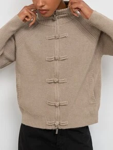 Maija Beige New Chinese Style Frog Button Striped Sporty Knit Cardigan Urban Autumn - Khaki - View 8