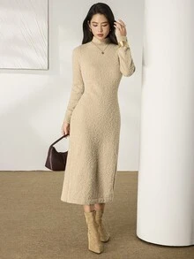 Heiryn Women's Solid Color Stand Collar Casual Daily Summer Knit Dress - Khaki - View 3