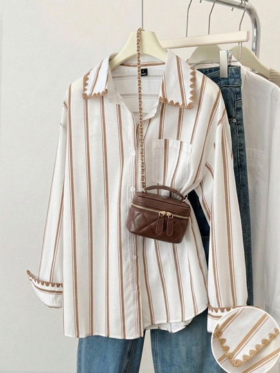 Comfortcana Women's Embroidered Brown Striped Patchwork Long Sleeve Flattering Fashion Shirt With Pocket, Casual Elegant Turn-Down Collar