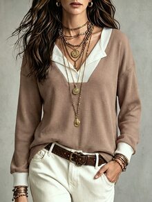SHEIN LUNE 女款秋季休閒拼色拼接 T 恤 - 彩色 - 查看 1