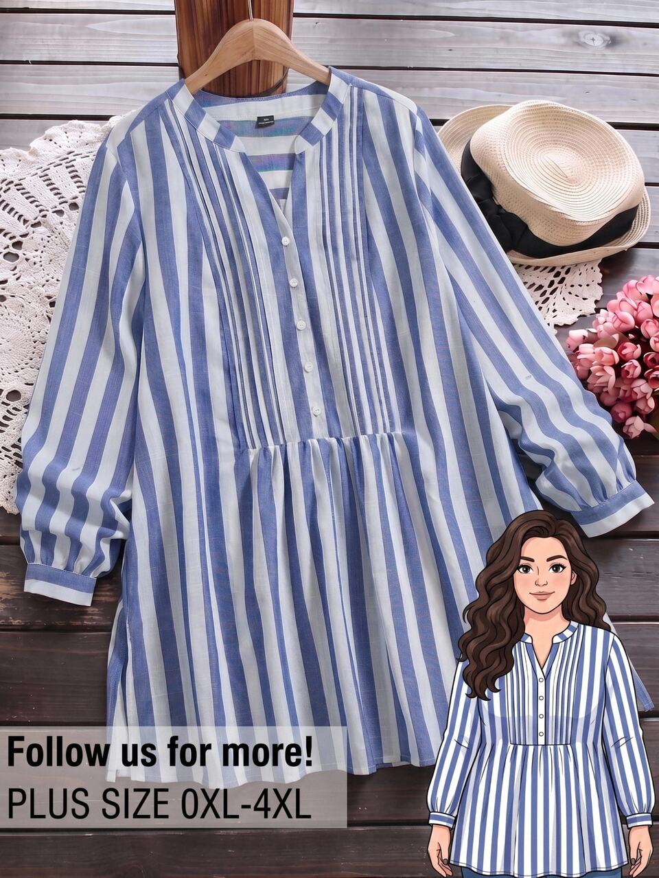 Plus Size Women's Blue White Striped Notch V-Neck Button Front Long Sleeve Casual Shirt Fall 2026
