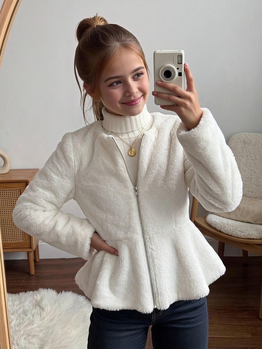 SHEIN 少女冬季優雅純白色抓絨加厚腰部荷葉邊前開襟外套 - 白色 - 查看 1