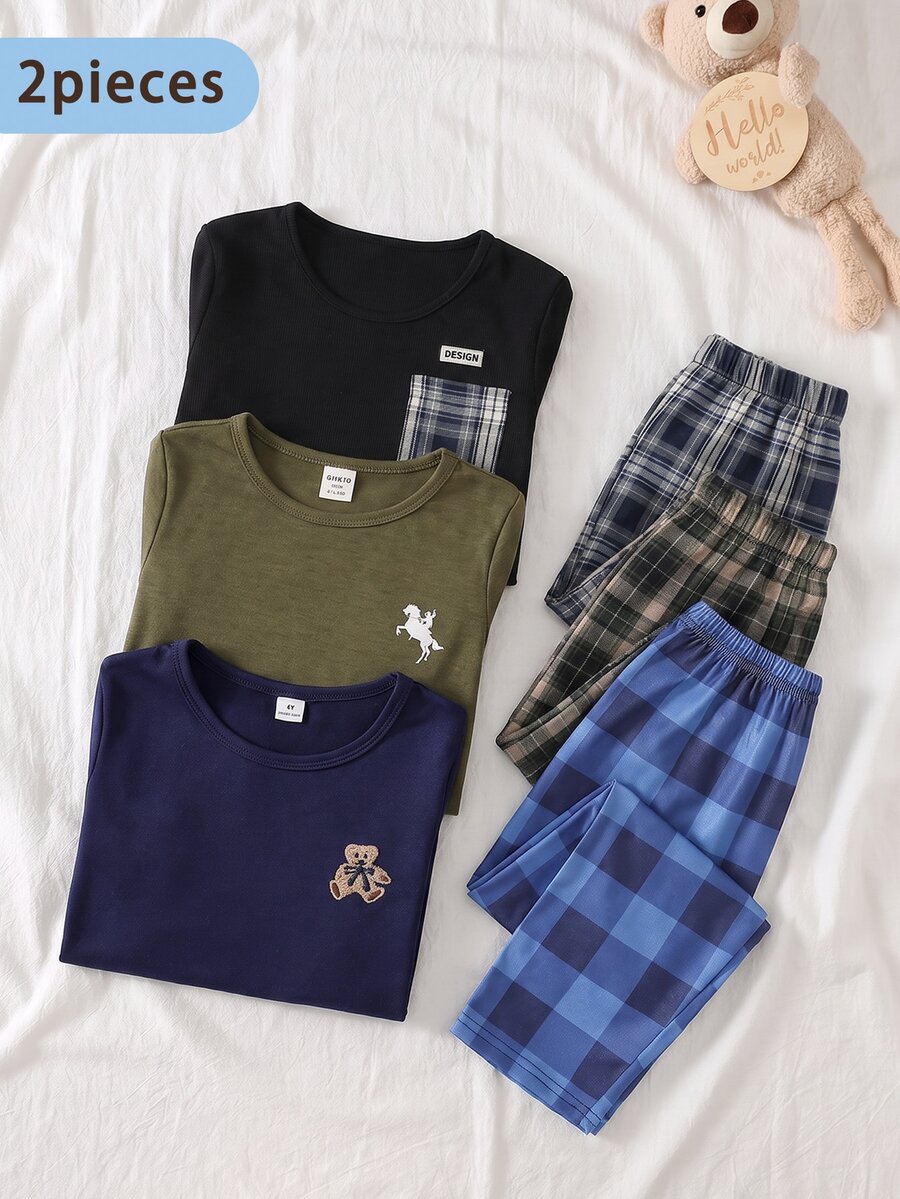 Snug Fit Pajamas Boys Toddler Long Sleeve & Long Pants Set, Fun Bear Pattern Design, Comfortable Soft Skin-Friendly Fabric, Suitable For Young Boy Home Wear - Royal Blue - View 1