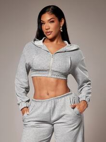 Radiana Sweatshirt Kasual Minimalis Dasar Abu-abu Super Pendek dengan Resleting - Light Grey - View 6