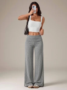 SHEIN Tall 黑色高腰寬腿寬鬆休閒長褲 - 灰色 - 查看 6