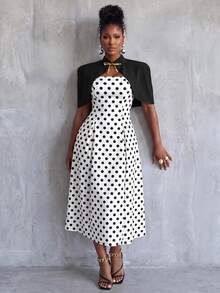 BamGlimmer Elegant Cape Polka Dot Print Dress 2 Pieces Set - Multicolor - View 5