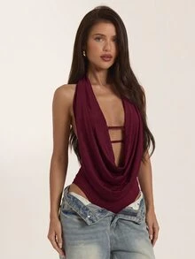 SHEIN BAE Spring/Summer Brown Draped Neck Deep V Cut-Out Fitted Bodysuit, Sexy Hot Girl Style For Date, Party, Vacation Top - Burgundy - View 1