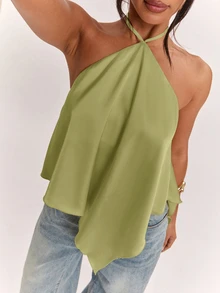 SHEIN BAE Spring/Summer Women's Casual Vacation Halter Neck Backless Asymmetrical Hem Yellow Solid Satin Tank Top, Suitable For Beach Vacation, Beach Holiday, Sister Casual Vacation, Elegant Tank Top, Practical Satin Tank Top, Yellow Satin Tank Top, Elegant Tank Top - Olive Green - View 3
