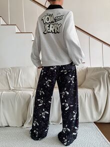 TOM AND JERRY X DAZY Women's Autumn/Winter Cartoon & Letter Print Colorblock Patchwork Top And Patterned Pajama Pants Sleepwear Set - Grey - View 3