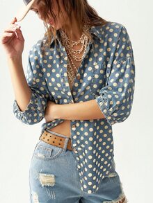 Bohemela Plus Size Vacation Casual Polka Dot Print Shirt - Blue - View 5
