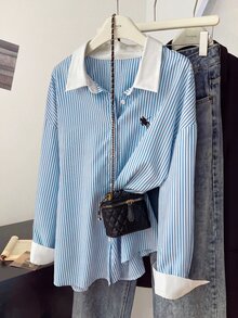 Franclia 大尺碼女款條紋單排扣長袖休閒襯衫 - 藍白色 - 查看 6