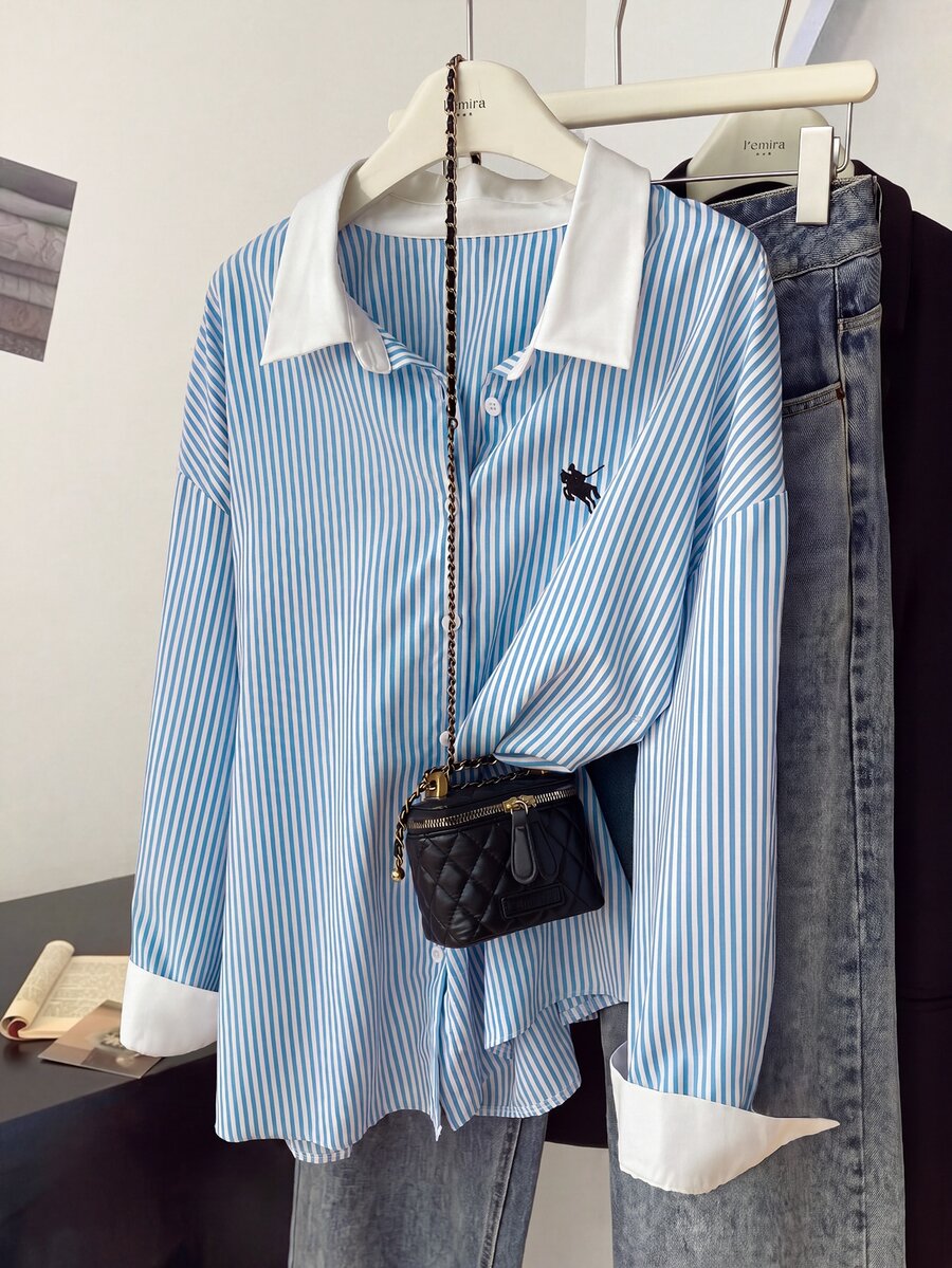 Franclia Plus Size Women's Striped Single-Breasted Long Sleeve Casual Shirt - Blue and White - View 1