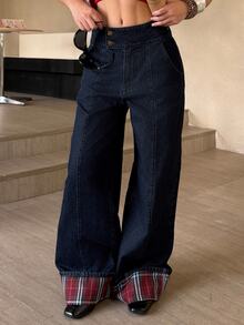 DAZY Women's Casual Plaid Patchwork Wide Leg Denim Jeans Fall - Dark Wash - View 5