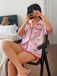 Dream Adore 可愛條紋深粉色蝴蝶結粉色印花短褲短袖女款睡衣套裝 - 粉色 - 查看 3