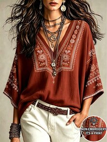 NostaNoir 波希米亞風仿刺繡花卉印花女款上衣，寬鬆V領蝙蝠袖七分袖上衣，休閒度假旅行襯衫，鐵鏽棕色夏季款 - 彩色 - 查看 1