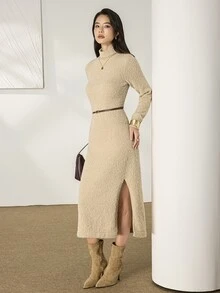 Heiryn Women's Solid Color Stand Collar Casual Daily Summer Knit Dress - Khaki - View 4