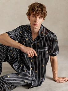 EverLounge Conjunto de ropa de estar en casa casual y lindo para hombres con top de manga corta y pantalones largos para dormir en casa, negro y dorado, verano - Multicolor - Ver 1