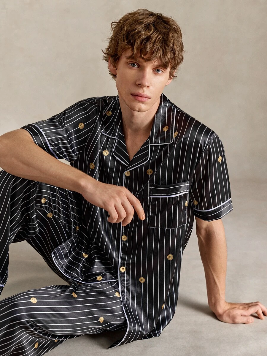 EverLounge Conjunto de ropa de estar en casa casual y lindo para hombres con top de manga corta y pantalones largos para dormir en casa, negro y dorado, verano - Multicolor - Ver 1