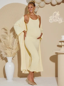 Loomaby Maternity Solid Color Spaghetti Strap Dress And Cardigan Casual 2 Pieces Set - Yellow - View 1