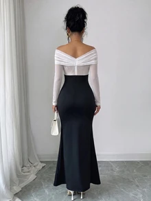 SHEIN Raffinéa Elegant Sexy Off-Shoulder Long Sleeve Fitted Bodycon Dress For Women - Black and White - View 2