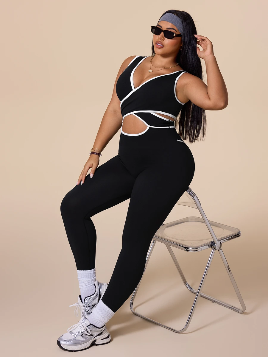 SHEIN Rhythm Era Women's Plus Size Cutout Colorblock Fitted Athletic Jumpsuit - Black - View 1