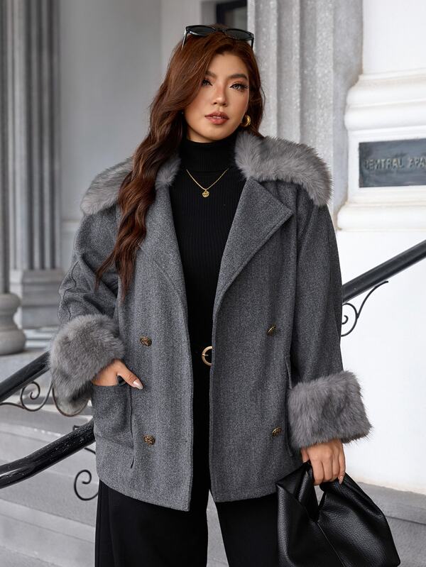 Reflora เสื้อโค้ทผู้หญิงไซส์ใหญ่ สีพื้น คอขนสัตว์ แขนยาว กระดุมสองแถว