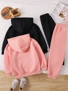 SHEIN 女童小女孩純色愛心圖案連帽秋季運動衫與內搭褲套裝，件 - 彩色 - 查看 2