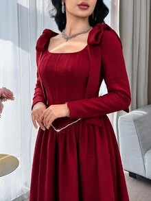 Feyla Women's Solid Color Shoulder Knot Long Sleeve Elegant Dress - Burgundy - View 2