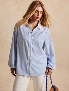 Écloséra Curve Plus Size Blue & White Striped Lace Trim Collared Shirt Fall - Blue and White - View 3