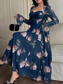 Feyla 女款優雅花卉印花洋裝 - 水鴨藍 - 查看 4