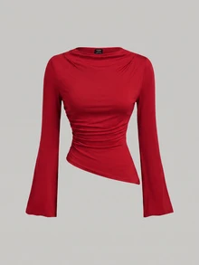 SHEIN MOD 女款 2 件組 酒紅與杏色圓領抓皺腰部喇叭袖不對稱下擺百搭長袖 T 恤內搭層 - 紅色 - 查看 3