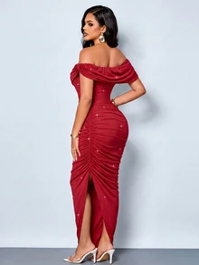 SOLERSUN Women's Elegant Off-Shoulder Ruched High Elastic Glitter Fabric Dress, Suitable For Evening Party, Graduation Season, - Burgundy - View 3