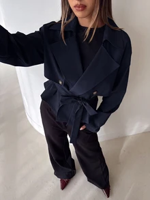 Aloruh 女款秋季休閒優雅雙排扣風衣 辦公商務海軍藍 - 藏蓝色 - 查看 6