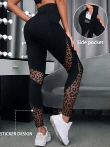 SHEIN Sports 豹紋拼接高腰運動緊身褲（附口袋） - 彩色 - 查看 2