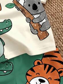 Baby Boy Casual Minimalist Top, Suitable For Spring And Summer, Classic Cute Cartoon Hand-Drawn Animal Party, Tiger, Crocodile, Sloth Cute Cartoon Crayon Hand-Drawn Pattern Print - Multicolor - View 4