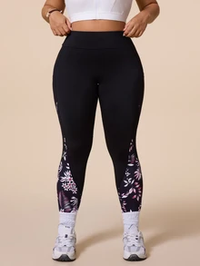 SHEIN Rhythm Era Plus Size Botanical Print Patchwork High Waist Seamless Sports Leggings - Multicolor - View 4