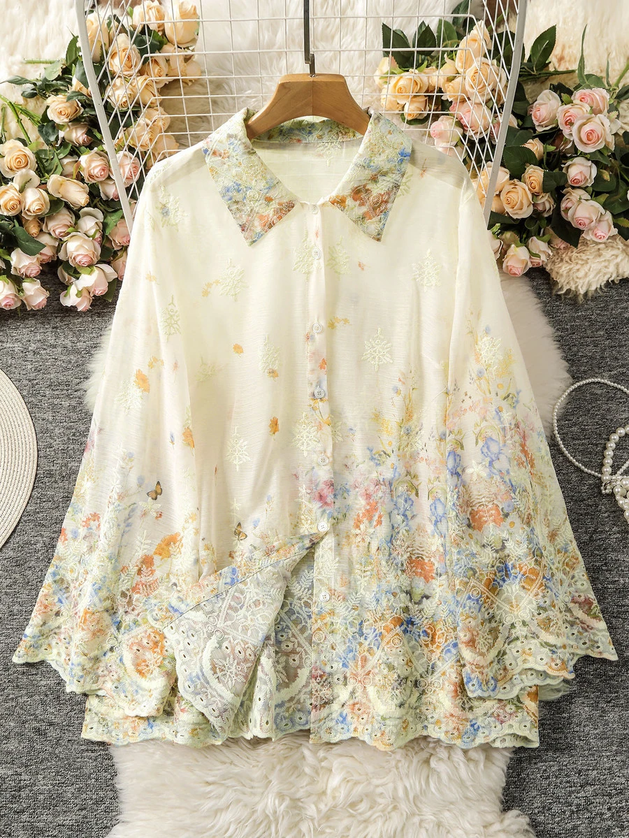 Modelyn Women's Heavy Embroidery Positioned Print Romantic Elegant Versatile Plus Size Blouse High Tea Morning Yellow Fall - Multicolor - View 1