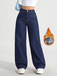 SHEIN ICON 女款大尺碼彈性腰復古淺紫色牛仔直筒長褲 - 藍色 - 查看 1