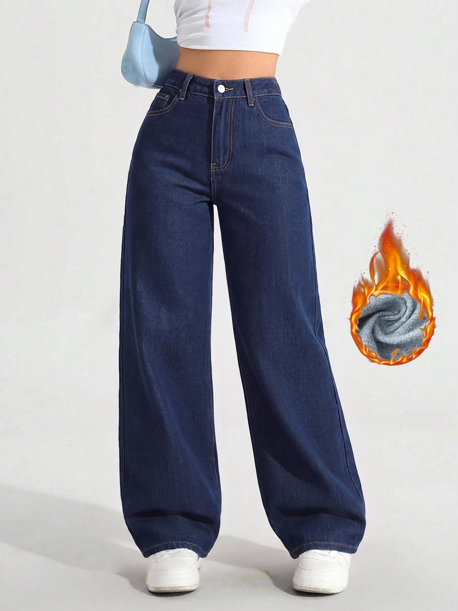 SHEIN ICON 女款大尺碼彈性腰復古淺紫色牛仔直筒長褲 - 藍色 - 查看 1