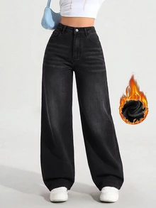 SHEIN ICON 女款大尺碼彈性腰復古淺紫色牛仔直筒長褲 - 黑色 - 查看 1