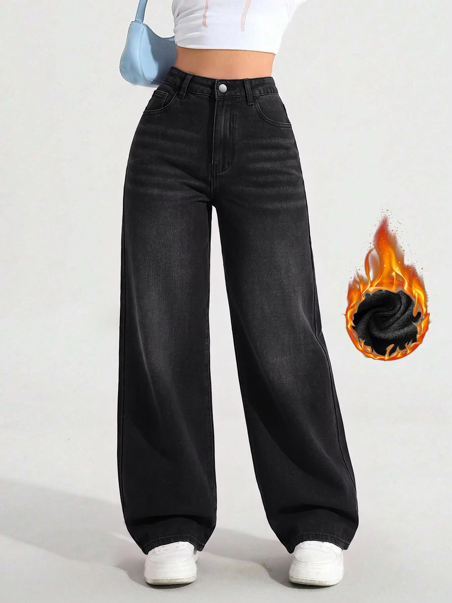 SHEIN ICON 女款大尺碼彈性腰復古淺紫色牛仔直筒長褲 - 黑色 - 查看 1