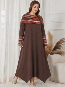 Lacomfia Autumn/Winter Elegant Casual Print Patchwork Ruched Neck Loose Fit Versatile Knit Textured Plus Size Women's Long Dress - Multicolor - View 5